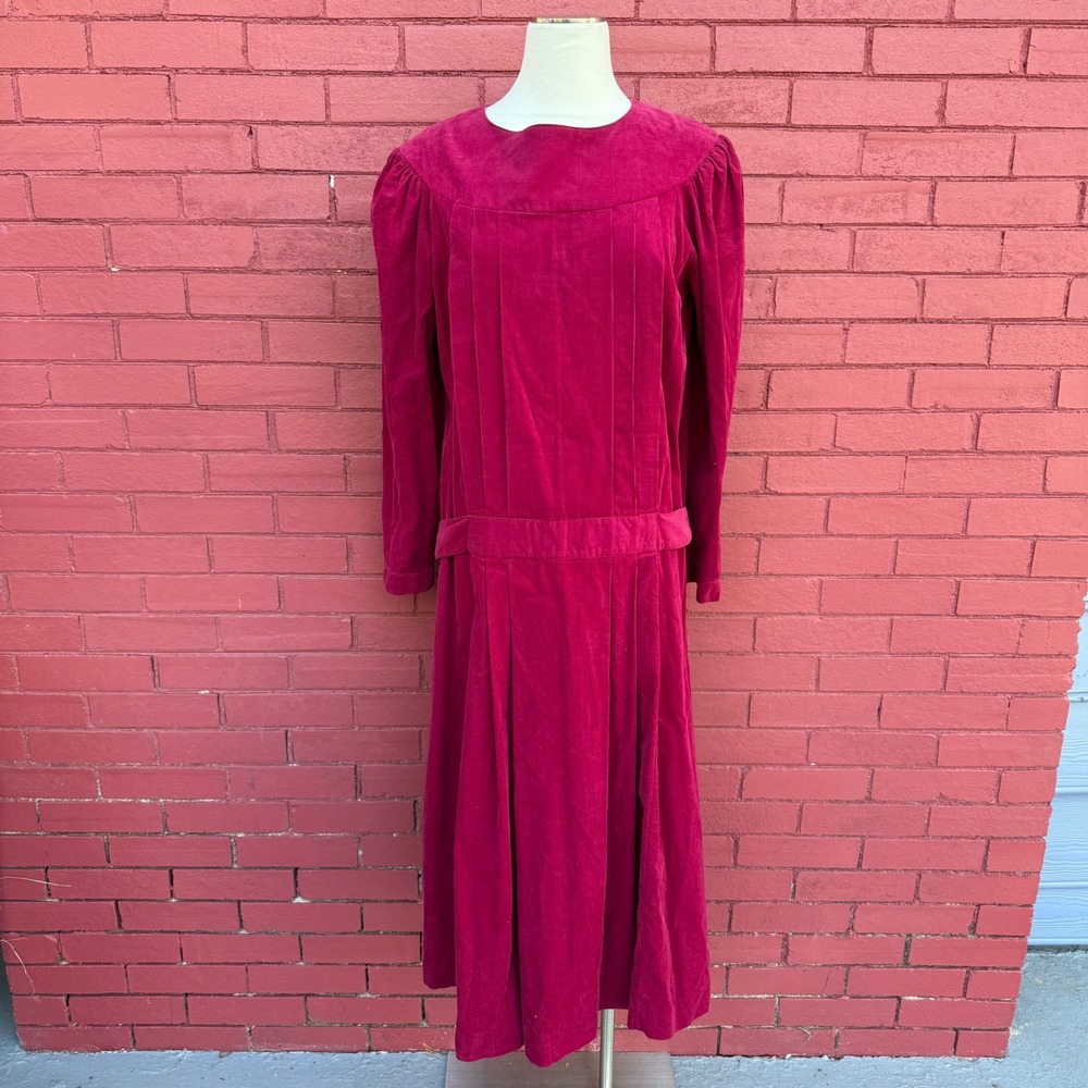 Vtg Laura Ashley Magenta Corduroy Belted Midi‎ Dress Womens Small Cottagecore